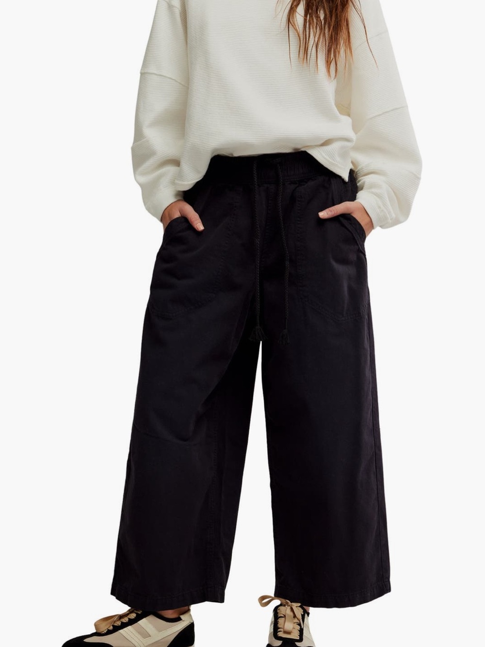 Relaxed Wide Leg Black Drawstring Pants - Women's
